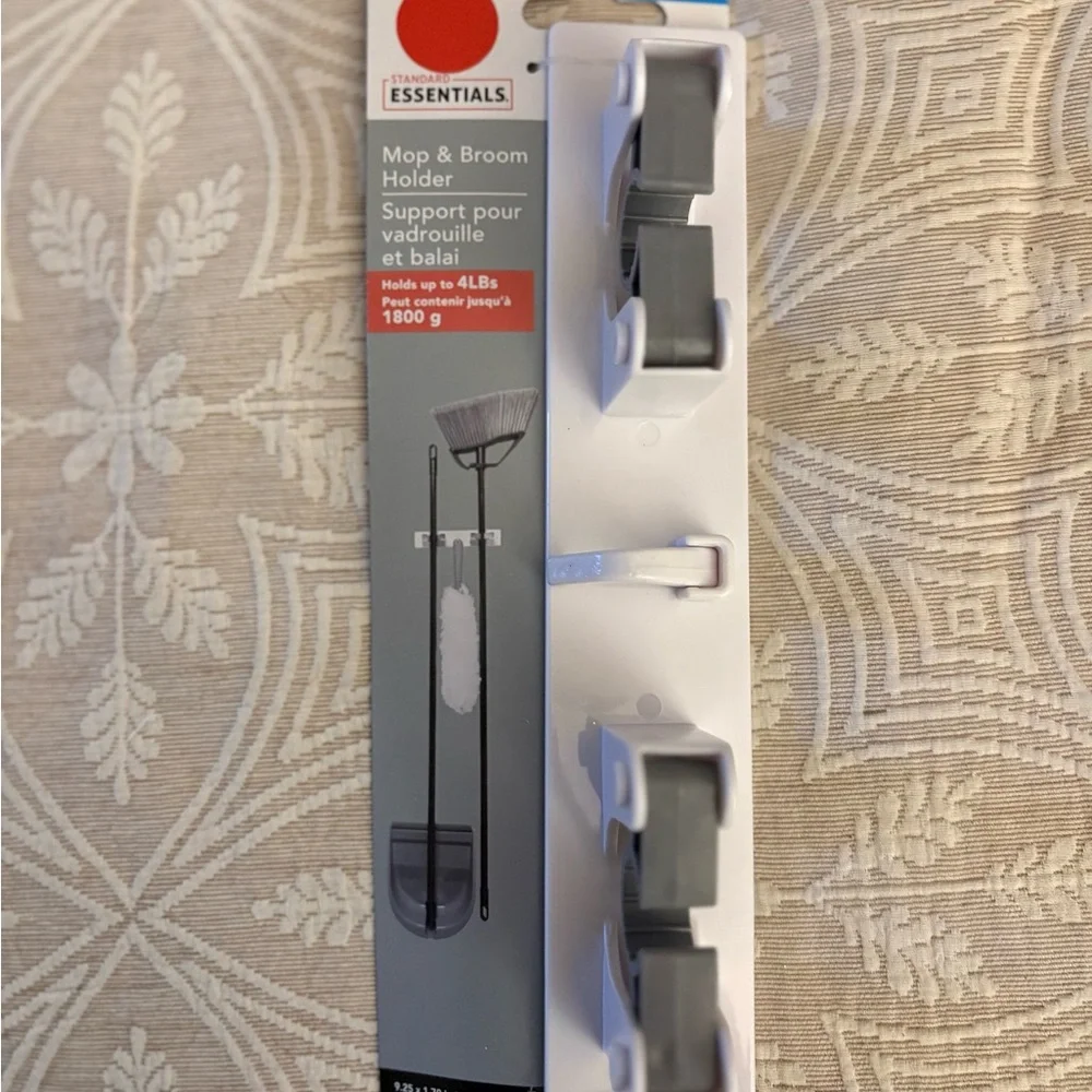 Essentials Gray and White Mop & Broom Holder
